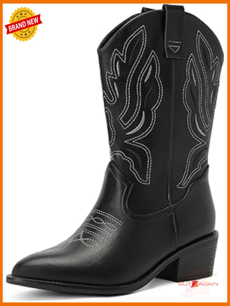 Western Mid Calf Cowgirl Boots Embroidered Pointed Toe Wide Calf
